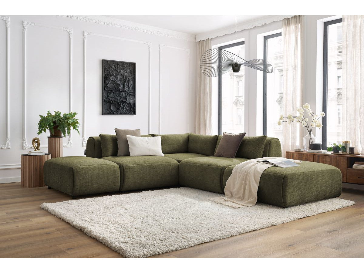 Canapé d'angle fixe modulable JEANNE tissu texturé avec 2 chauffeuses, 1 angle et 2 poufs