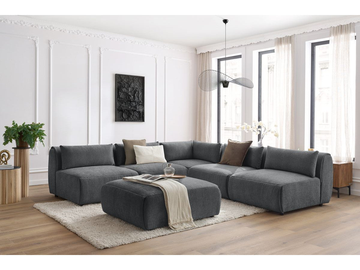Canapé d'angle fixe modulable JEANNE tissu texturé avec 4 chauffeuses, 1 angle et 1 pouf
