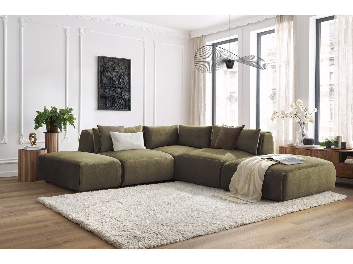Canapé d'angle fixe modulable JEANNE tissu velours avec 2 chauffeuses, 1 angle et 2 poufs