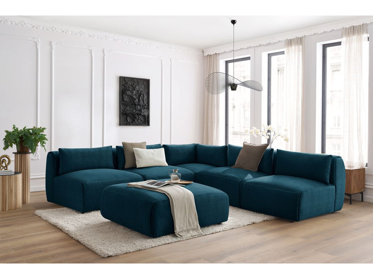 Canapé d'angle fixe modulable JEANNE tissu velours avec 4 chauffeuses, 1 angle et 1 pouf