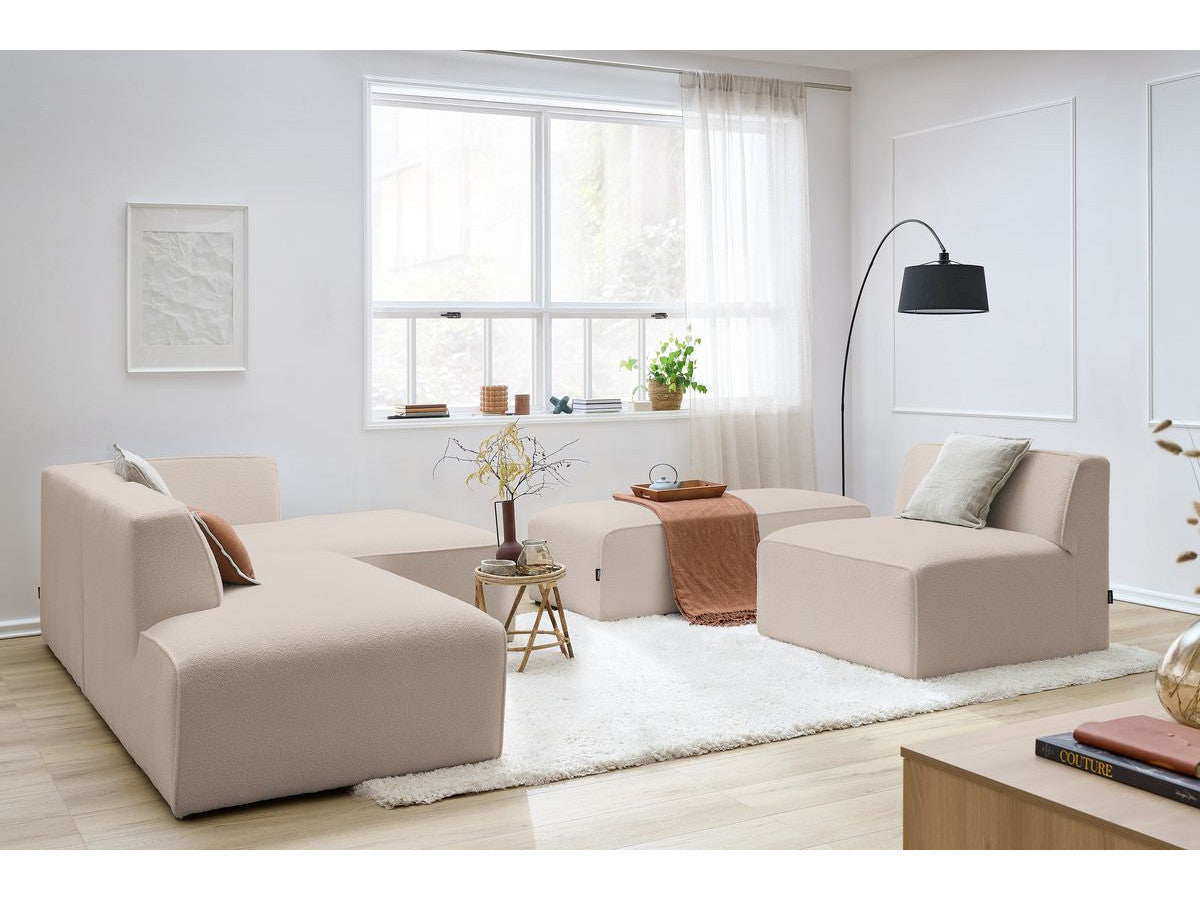 Canapé d'angle fixe modulable MEGEVE tissu bouclette avec 1 chauffeuse et 1 pouf
