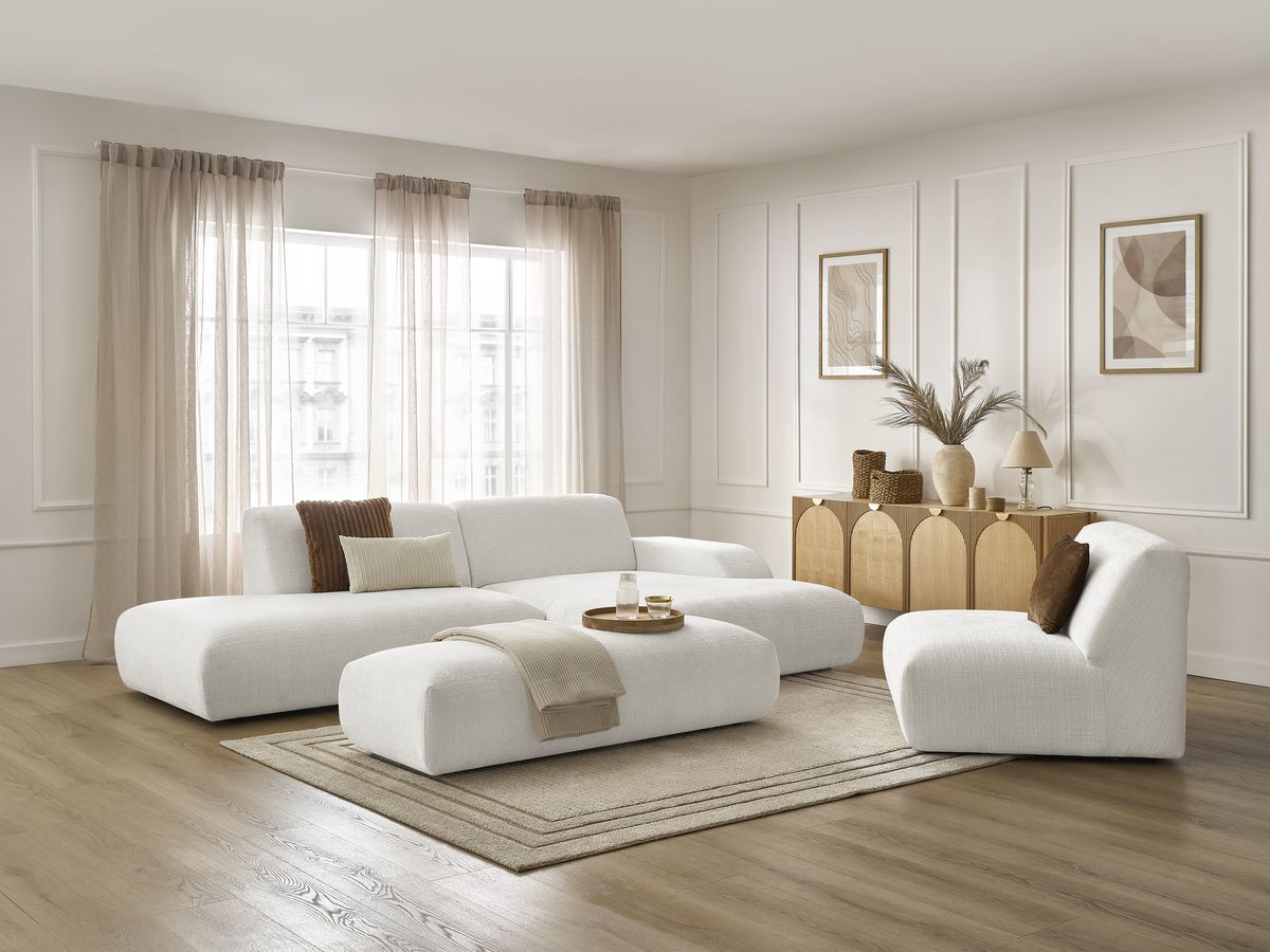 Canapé d'angle fixe modulable SIRIUS tissu texturé avec 1 chauffeuse et grand pouf