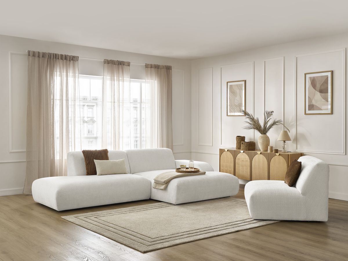 Canapé d'angle fixe modulable SIRIUS tissu texturé avec 1 chauffeuse