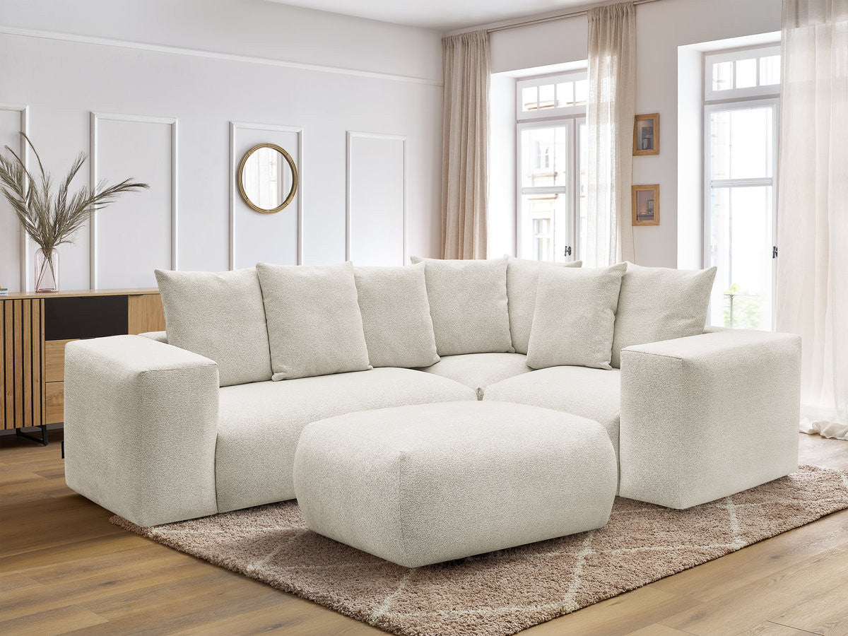 Canapé d'angle fixe modulable VOLTAIRE avec 1 chauffeuse 2 places, 1 angle et 1 chauffeuse 1 place tissu chiné avec pouf