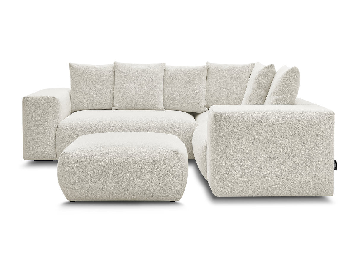 Canapé d'angle fixe modulable VOLTAIRE avec 1 chauffeuse 2 places, 1 angle et 1 chauffeuse 1 place tissu chiné avec pouf