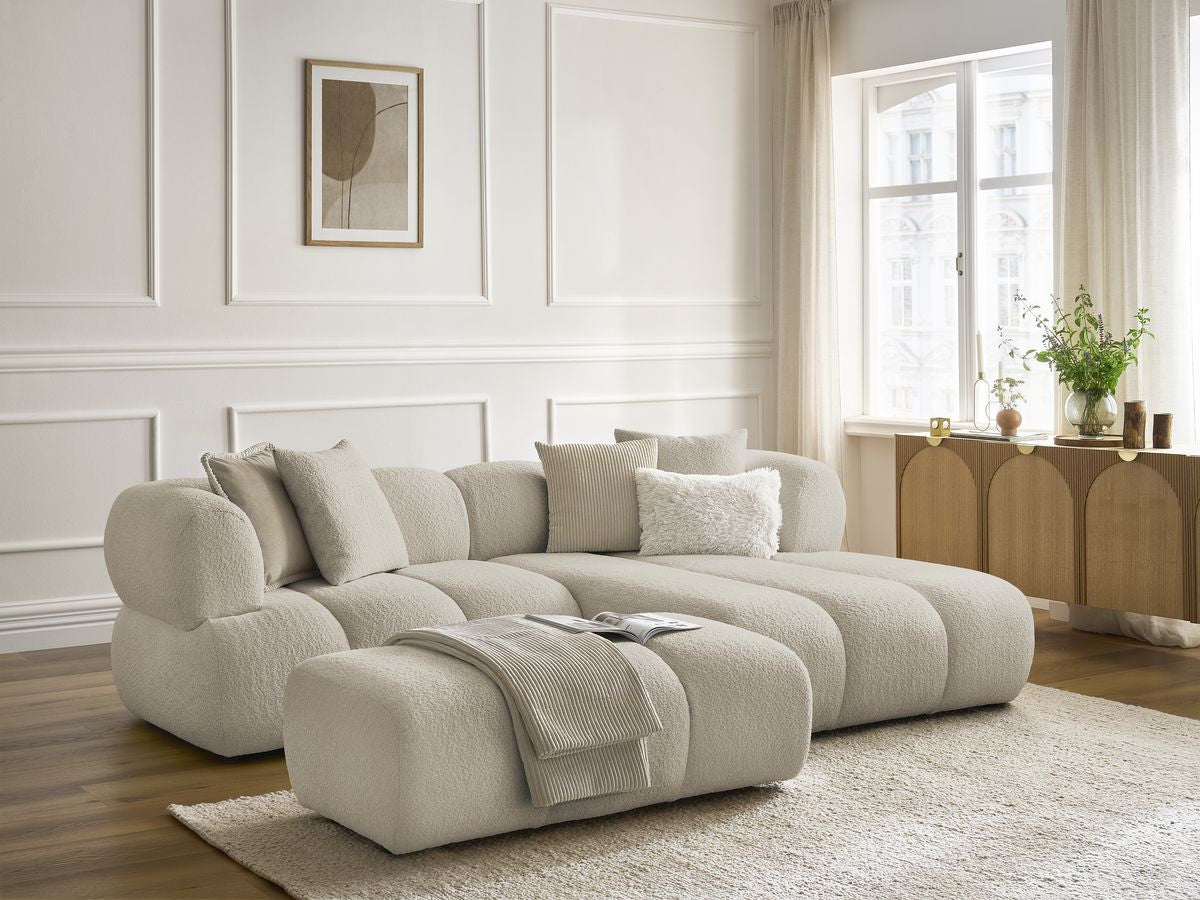 Canapé d'angle fixe PAMIRA tissu bouclette avec pouf