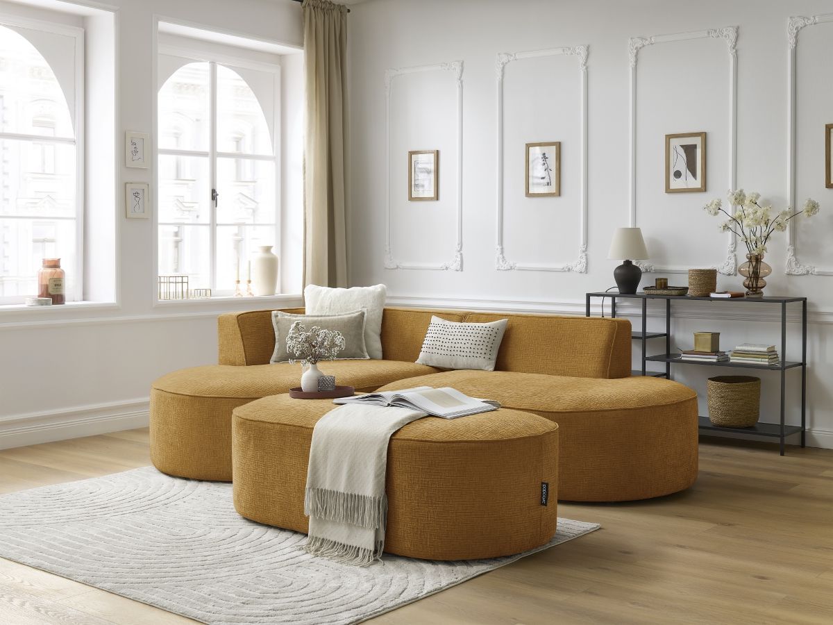 Canapé d'angle fixe ROUSSEAU tissu texturé avec pouf