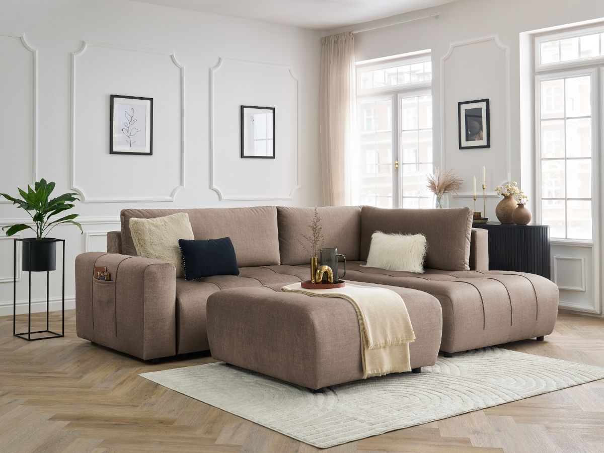 Canapé d'angle L convertible coffre ARSENE tissu velours avec pouf