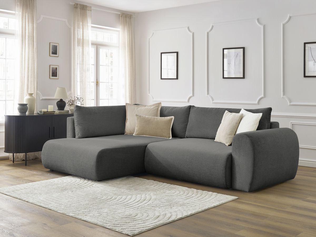 Canapé d'angle L convertible coffre LUCIEN tissu lisse