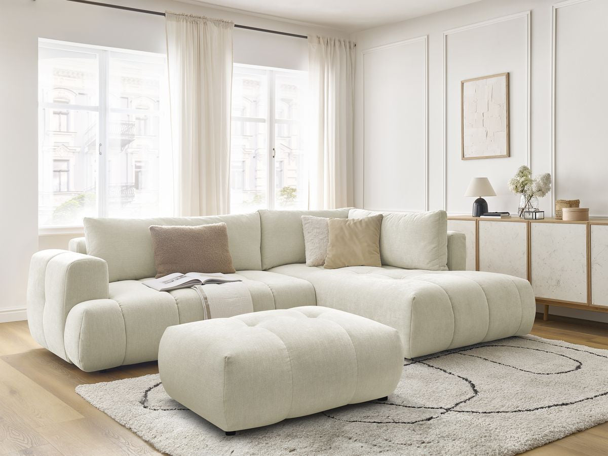 Canapé d'angle L convertible FUJI tissu lisse avec pouf