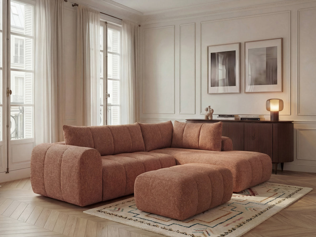 NESTY vaste L-vormige hoekbank in gemêleerde stof met voetenbank