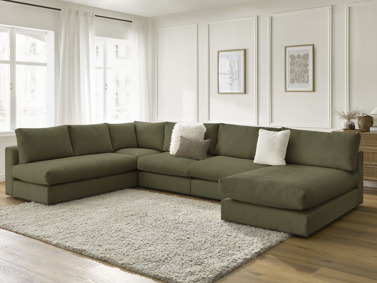 PARIS modulaire corduroy hoekbank met 3 fauteuils, 1 chaise longue en 1 hoek