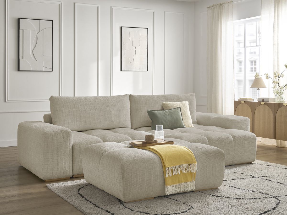 Canapé d'angle réversible convertible coffre ANAKIN tissu texturé avec pouf