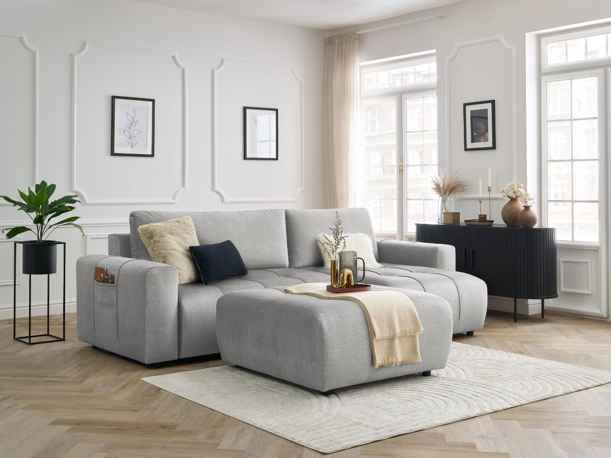 Canapé d'angle réversible convertible coffre ARSENE tissu velours avec pouf