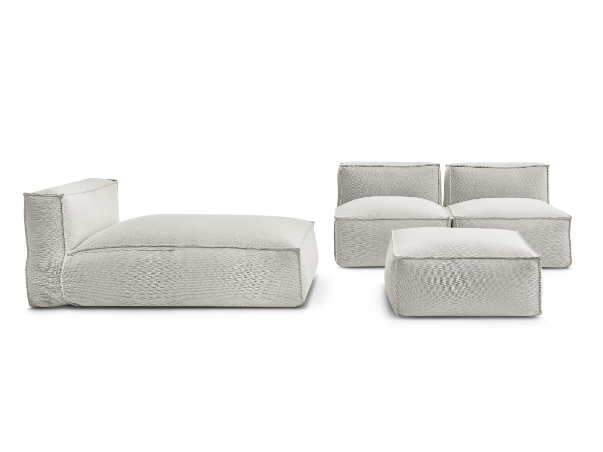 Modulaire tuinbank BIARRITZ met beschermhoes, 2 losse fauteuils, 1 chaise longue en 1 poef