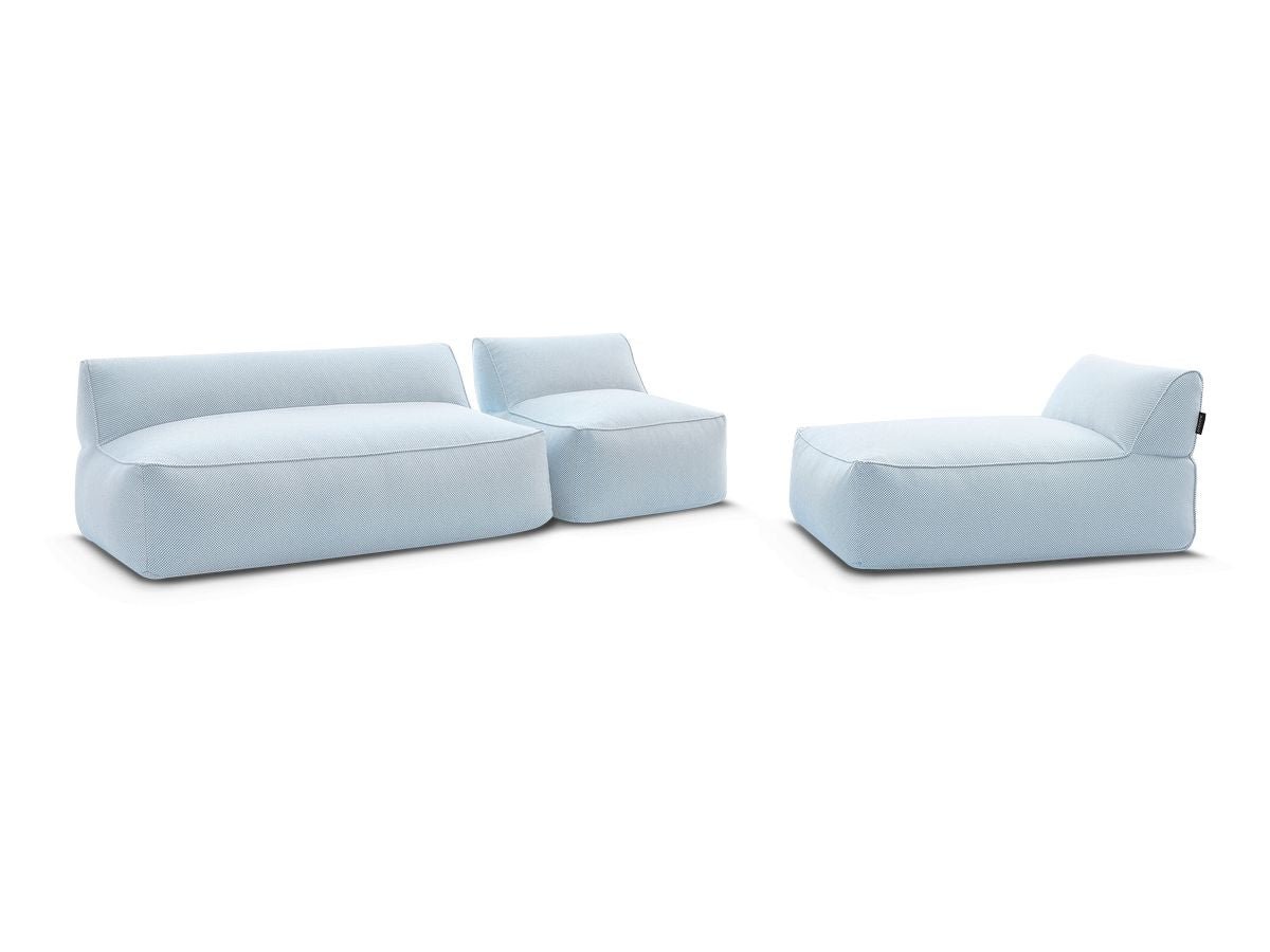 Modulaire tuinbank RIVIERA in gemêleerde stof met 1 eenpersoonsfauteuil, 1 tweepersoonsfauteuil en 1 chaise longue