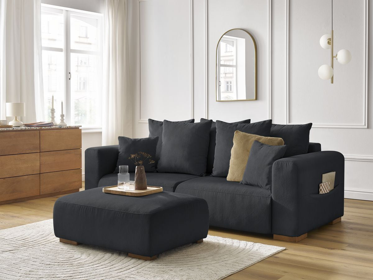 Canapé droit fixe 3 places SIDONIE velours côtelé avec pouf