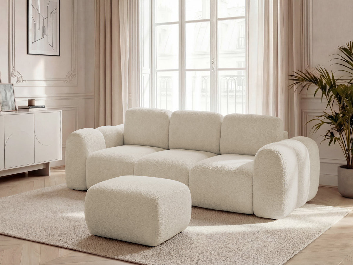 Canapé droit convertible coffre 3 places MONTAIGNE tissu bouclette avec pouf