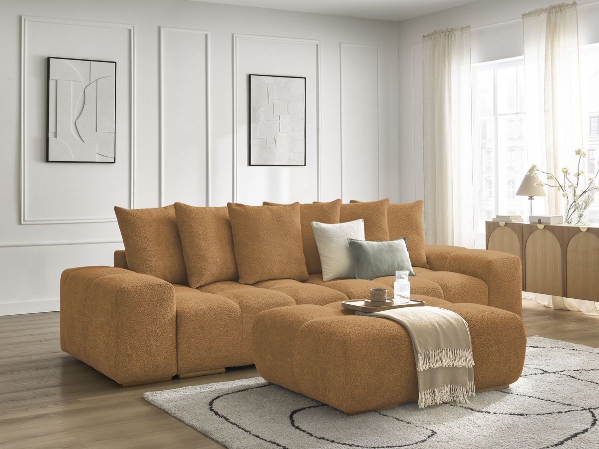 Canapé droit convertible coffre ANAKIN tissu bouclette avec pouf