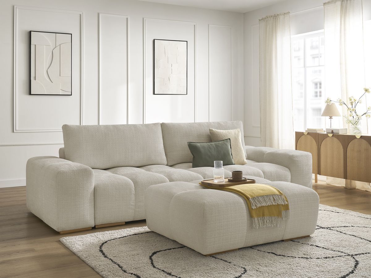 Canapé droit convertible coffre ANAKIN tissu texturé avec pouf