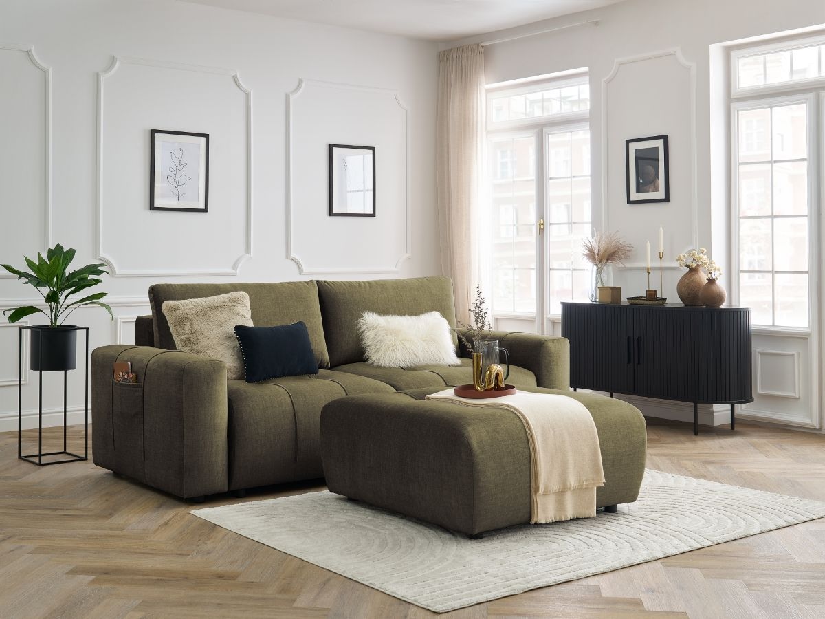 Canapé droit convertible coffre ARSENE tissu velours avec pouf