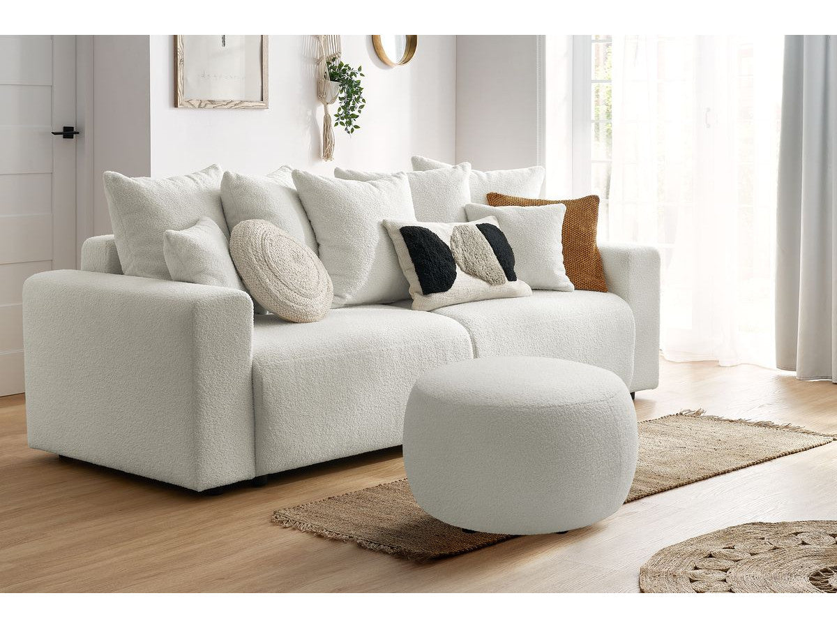 Canapé droit convertible coffre ENVY tissu bouclette doux avec pouf rond