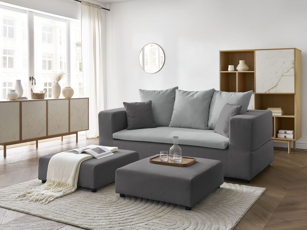 Canapé droit convertible LEANDRE bi matière avec deux poufs