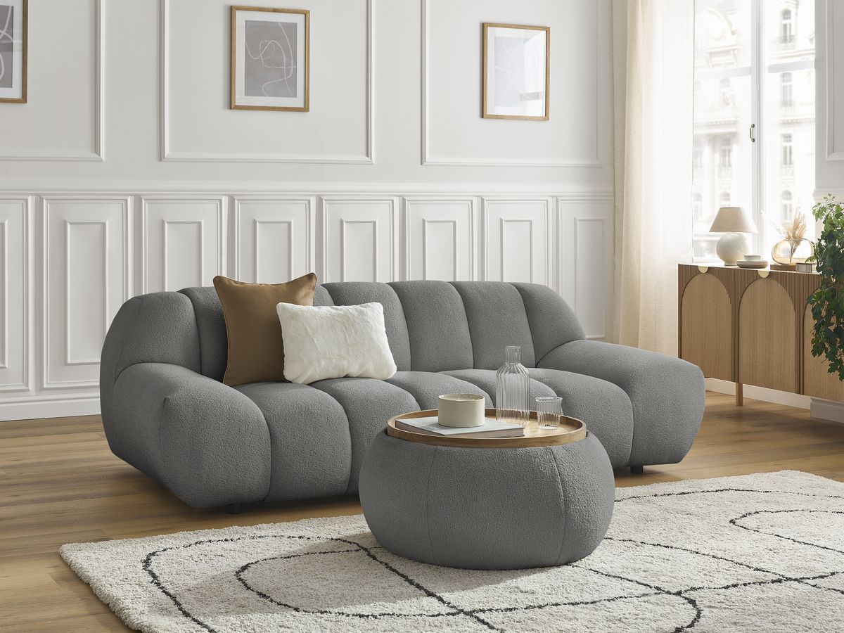 Canapé droit fixe 2 places HAYDEN tissu bouclette avec pouf petit avec plateau