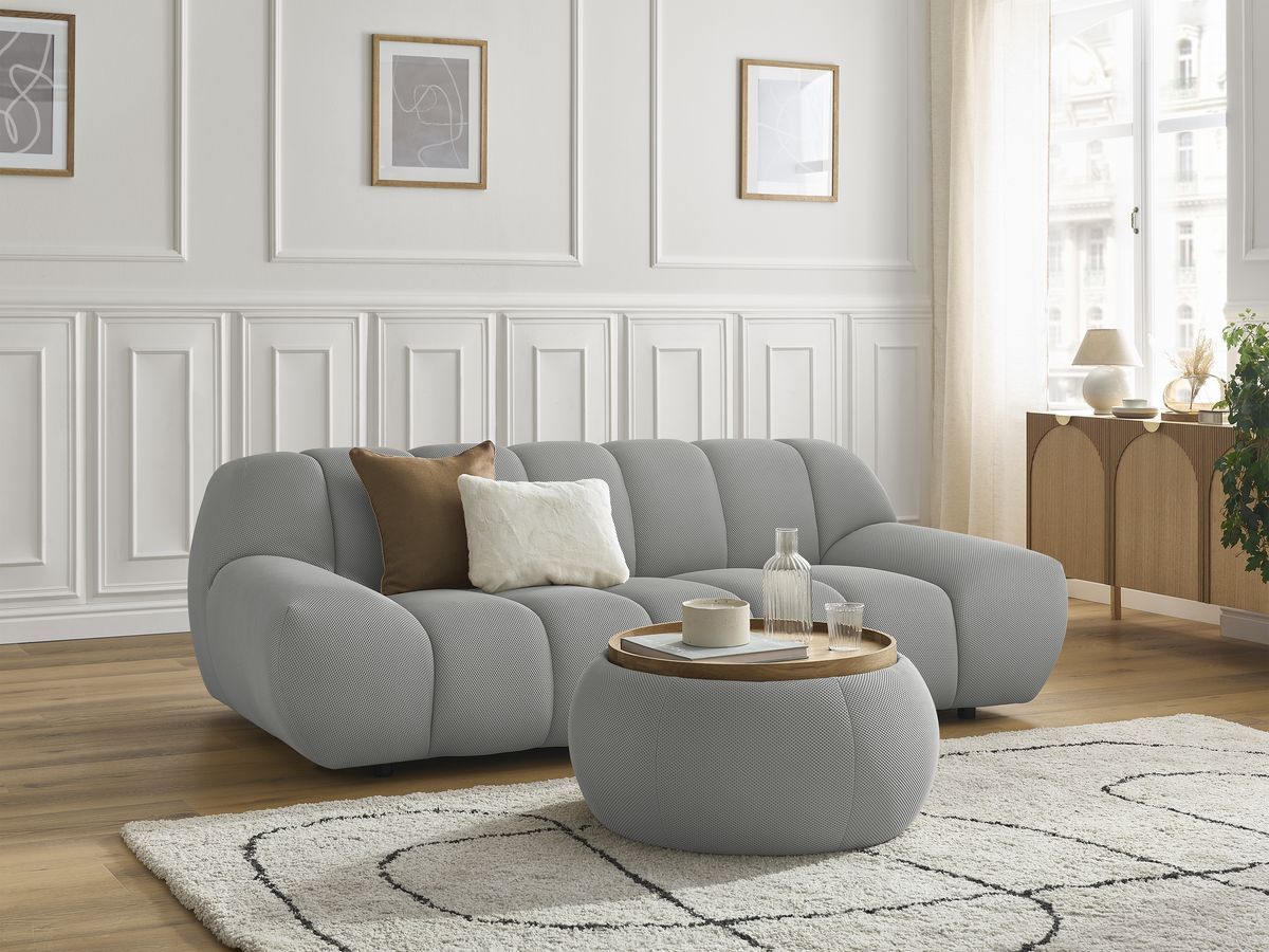 Canapé droit fixe 2 places HAYDEN tissu mesh avec pouf petit avec plateau