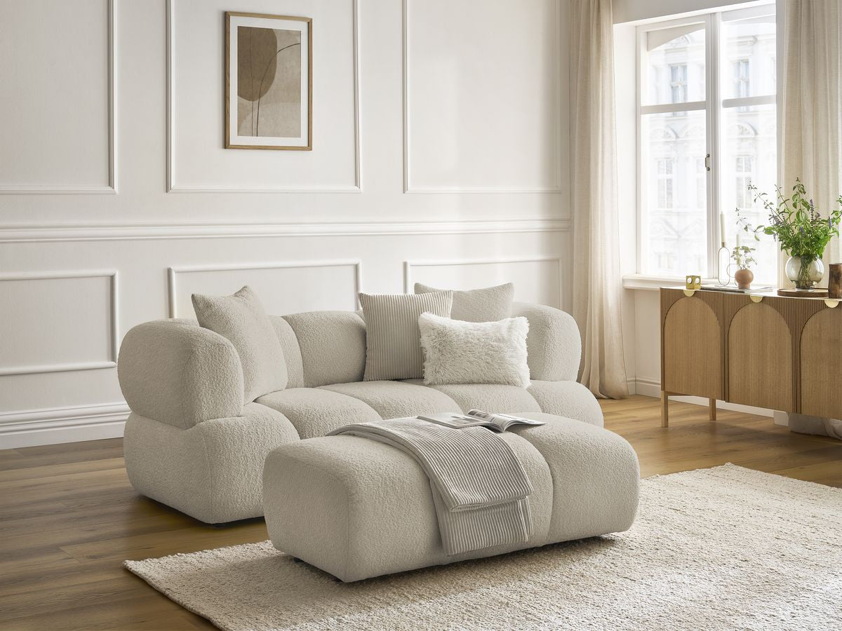 Canapé droit fixe 2 places PAMIRA tissu bouclette avec pouf