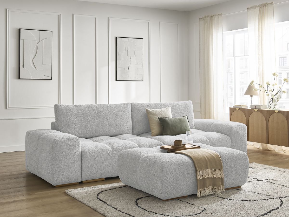 Canapé droit fixe 3 places ANAKIN tissu bouclette avec pouf