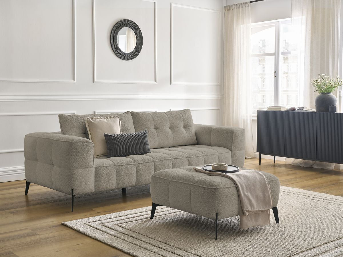 Canapé droit fixe 3 places ANIS tissu bouclette avec pouf