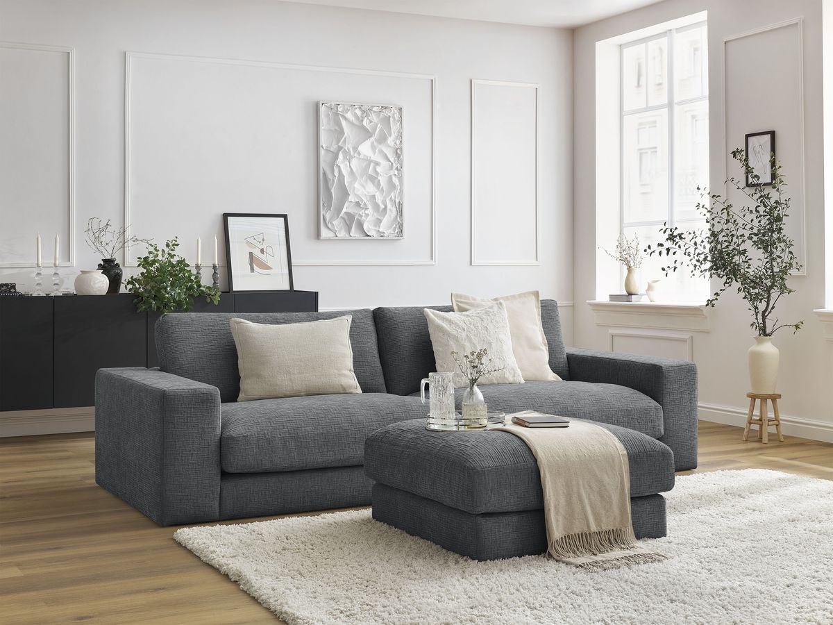 Canapé droit fixe 3 places compact LEONARD tissu texturé avec pouf