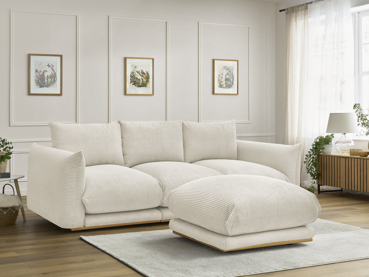 Canapé droit fixe 3 places ERNEST tissu velours côtelé avec pouf