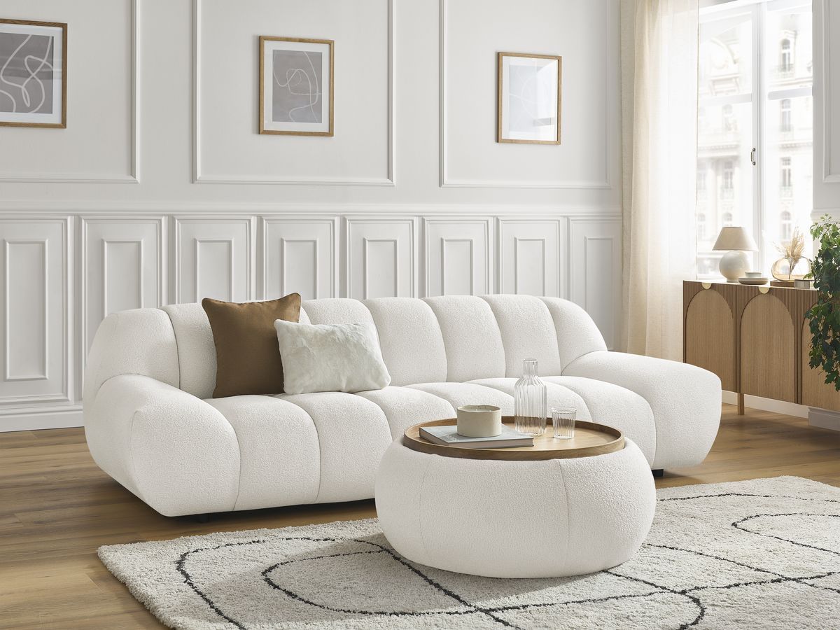 HAYDEN vaste 3-zits rechte bank in badstof met grote poef met dienblad