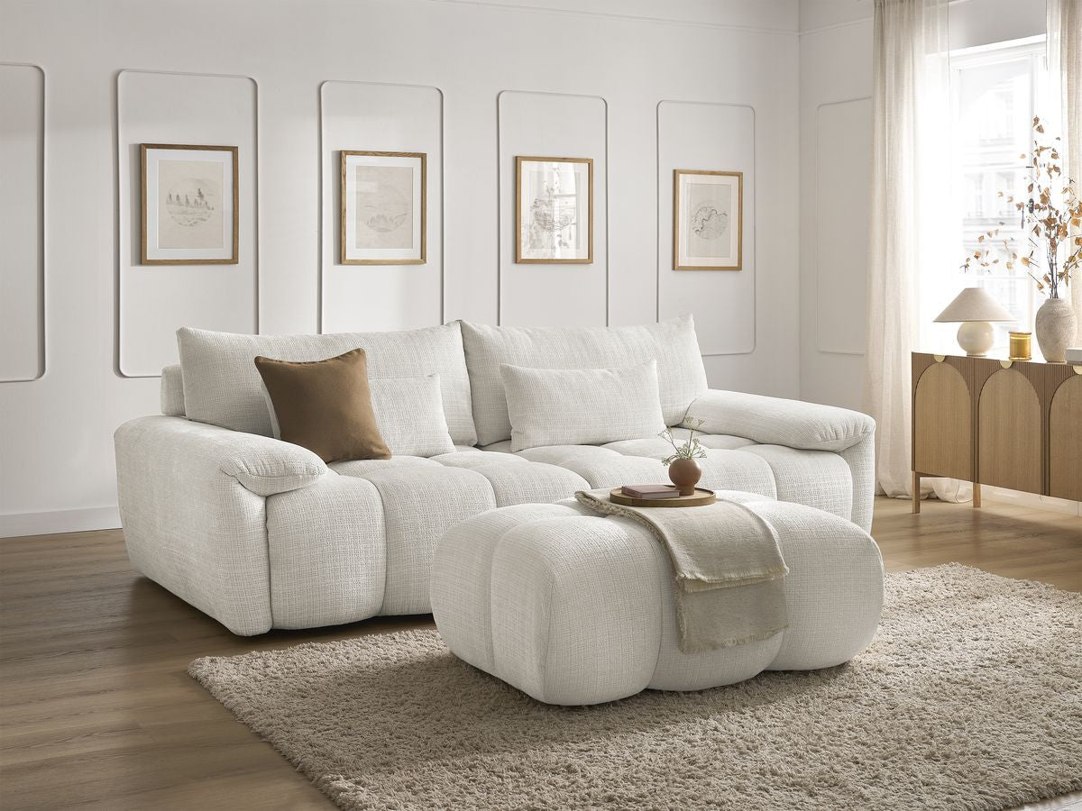 Canapé droit fixe 3 places IVANE tissu texturé avec pouf