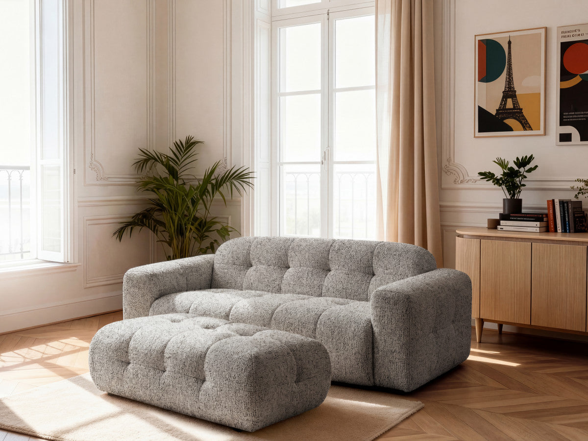Canapé droit fixe 3 places LAURA tissu chiné avec grand pouf