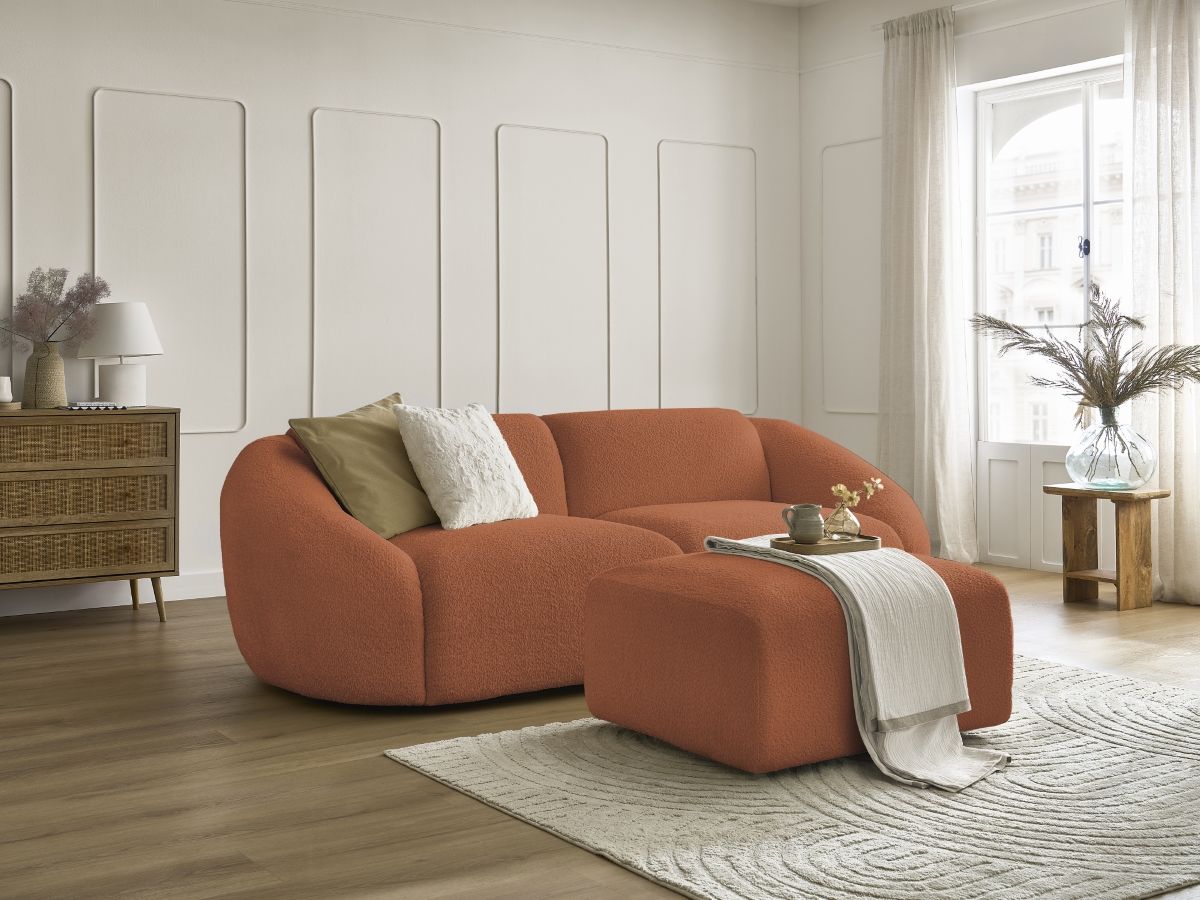 TINA vaste 3-zits rechte bank in badstof met poef