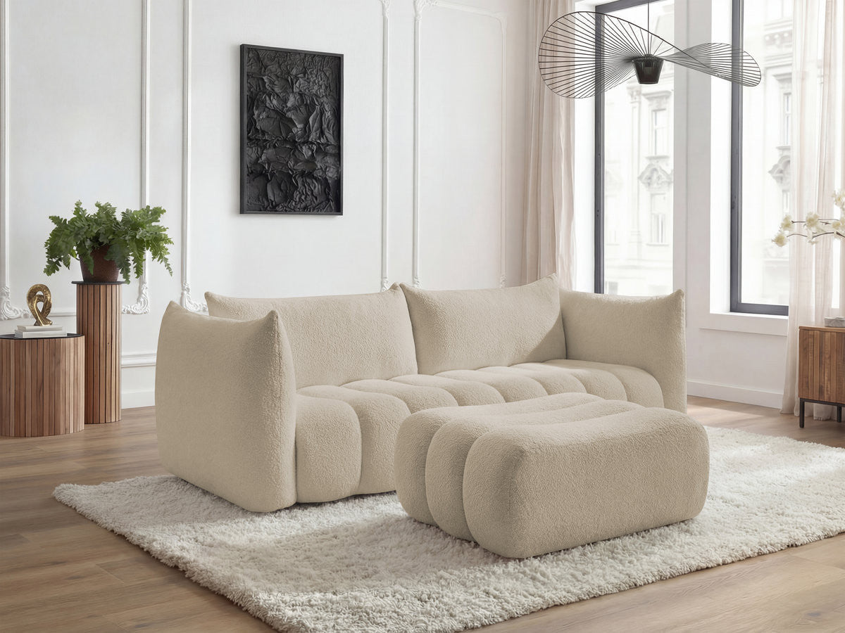 Canapé droit fixe 4 places AZRA tissu bouclette avec pouf