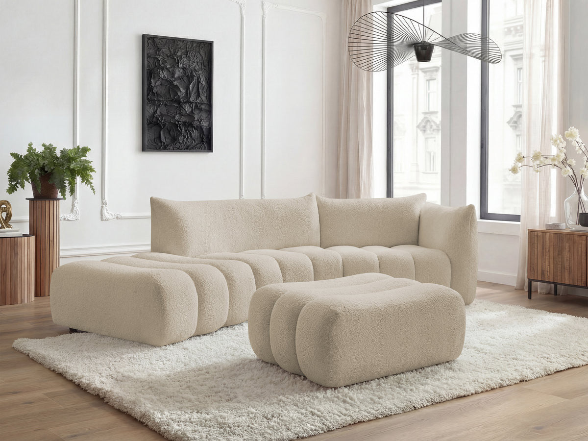 Canapé incurvé fixe 4 places AZRA tissu bouclette avec pouf