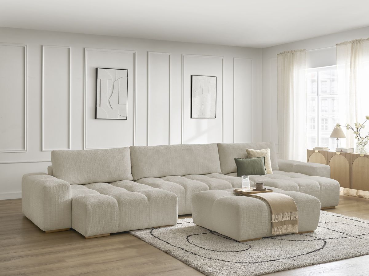 Canapé panoramique convertible coffre ANAKIN tissu texturé avec pouf