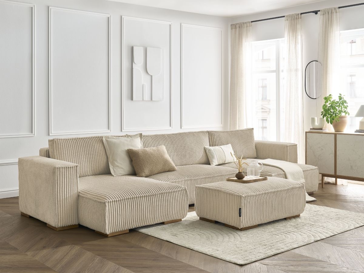 Canapé panoramique convertible coffre CHELSEA gros côtelé doux avec pouf