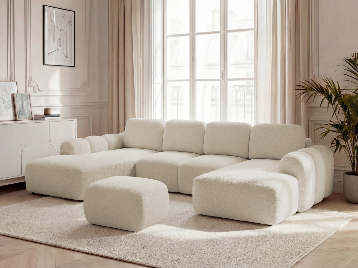 Canapé panoramique convertible coffre MONTAIGNE tissu bouclette avec pouf