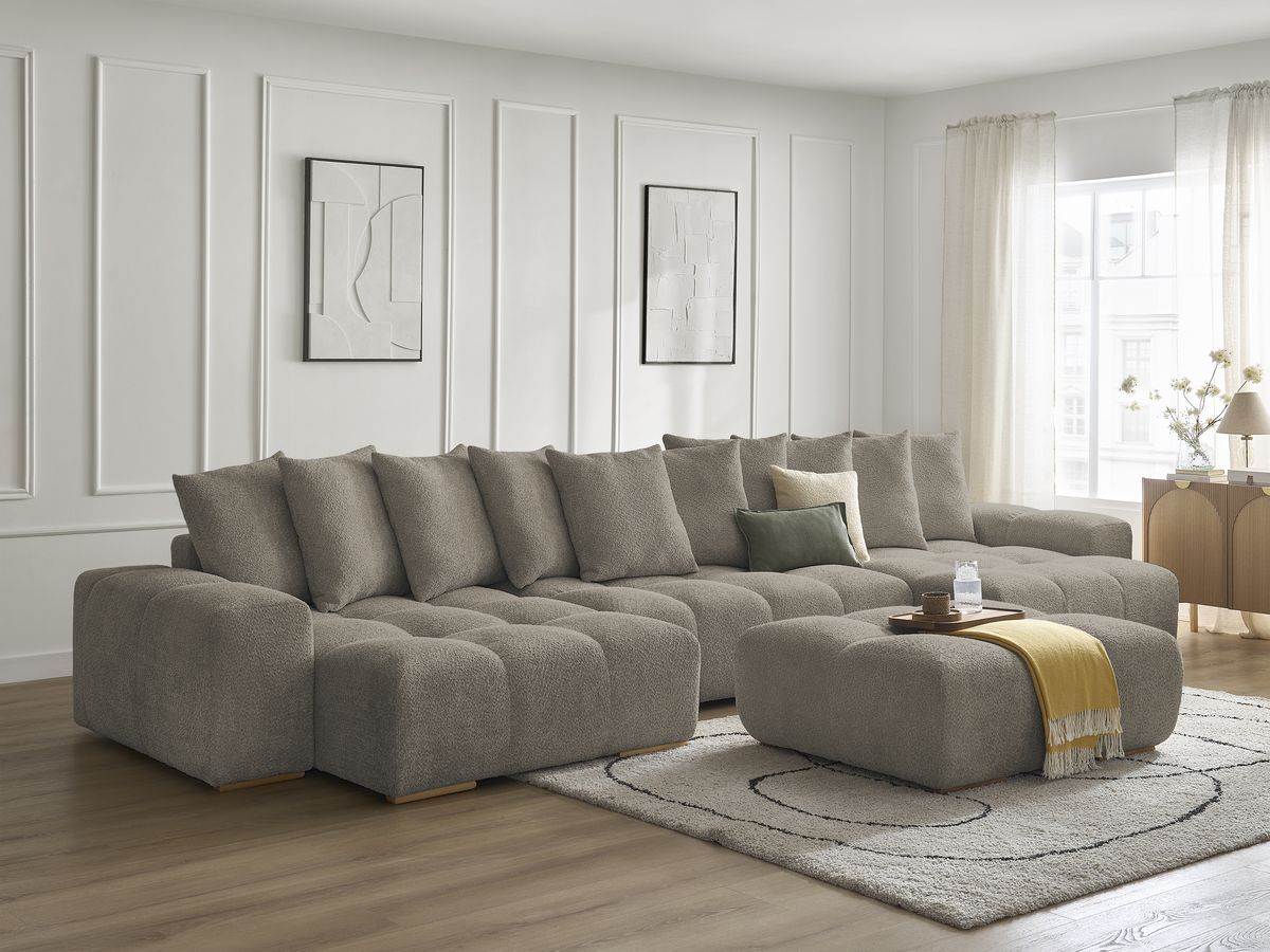 Canapé panoramique fixe ANAKIN tissu bouclette avec pouf