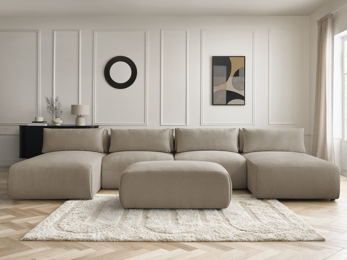 Canapé panoramique fixe modulable avec têtières JANA tissu chiné avec 2 méridiennes, 2 chauffeuses et 1 petit pouf