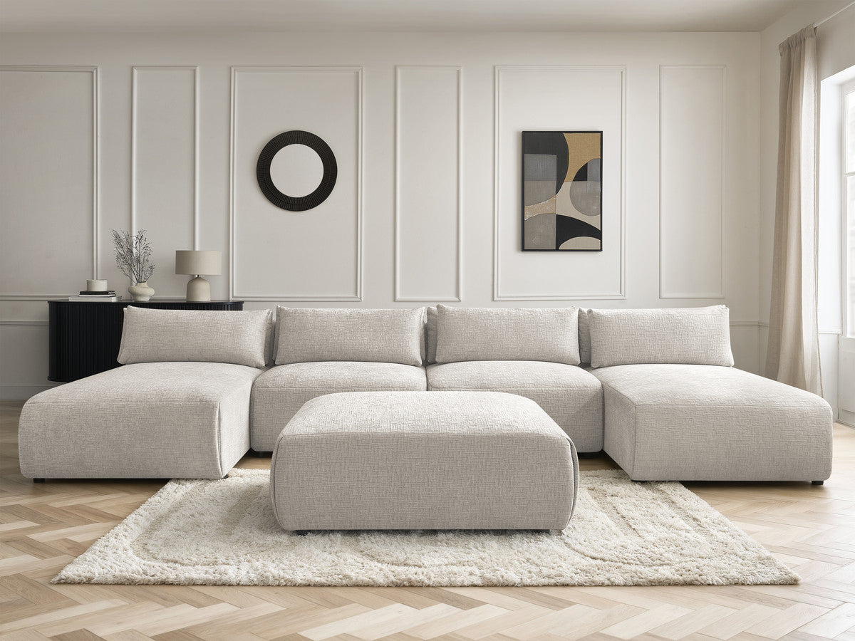 Canapé panoramique fixe modulable avec têtières JANA tissu texturé avec 2 méridiennes, 2 chauffeuses et 1 grand pouf