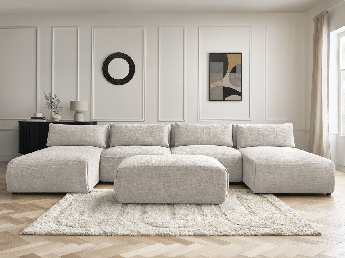 Canapé panoramique fixe modulable avec têtières JANA tissu texturé avec 2 méridiennes, 2 chauffeuses et 1 petit pouf