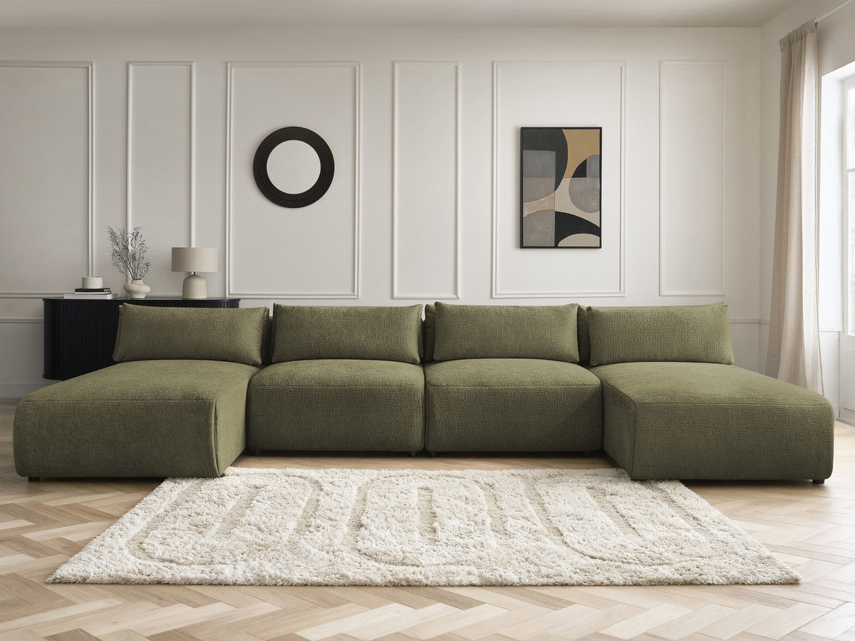 Canapé panoramique fixe modulable avec têtières JANA tissu texturé avec 2 méridiennes et 2 chauffeuses