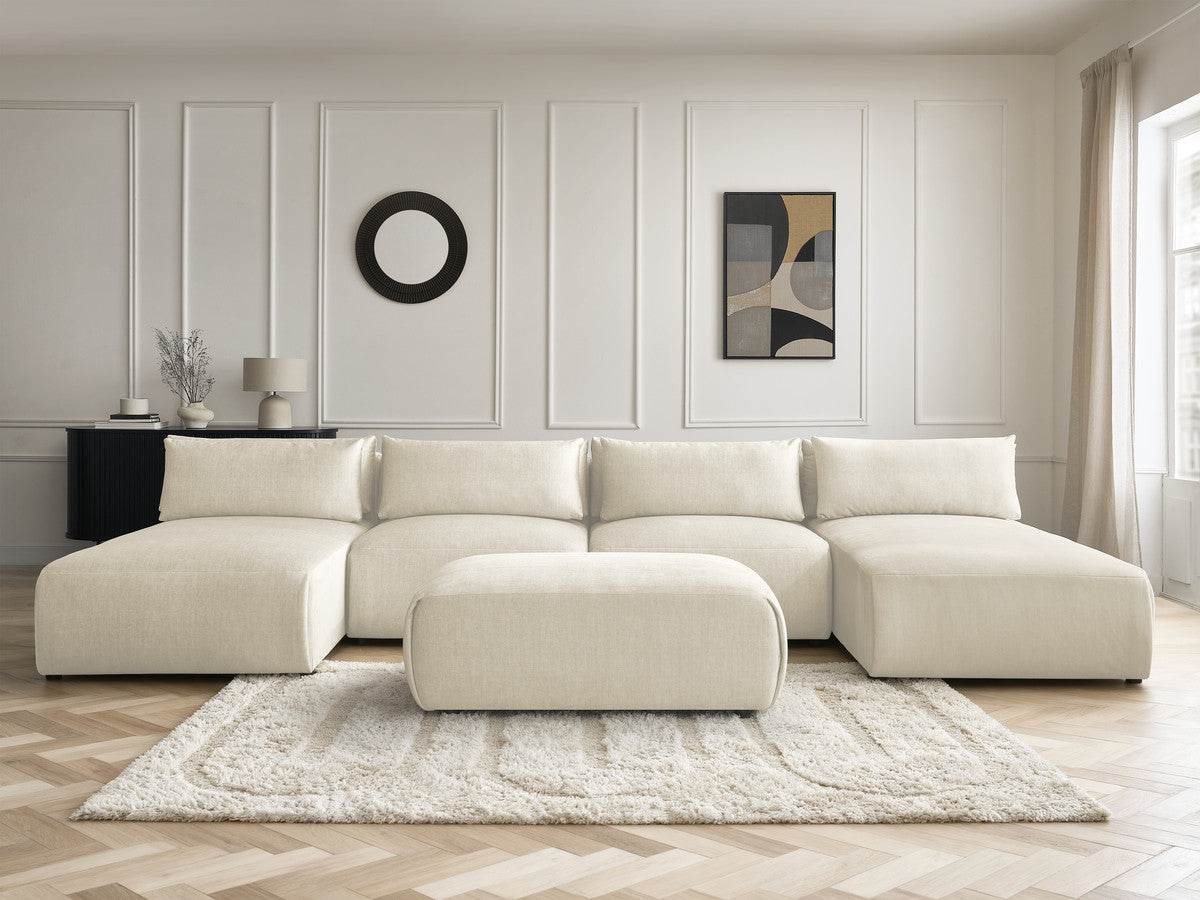 Canapé panoramique fixe modulable avec têtières JANA tissu velours avec 2 méridiennes, 2 chauffeuses et 1 petit pouf