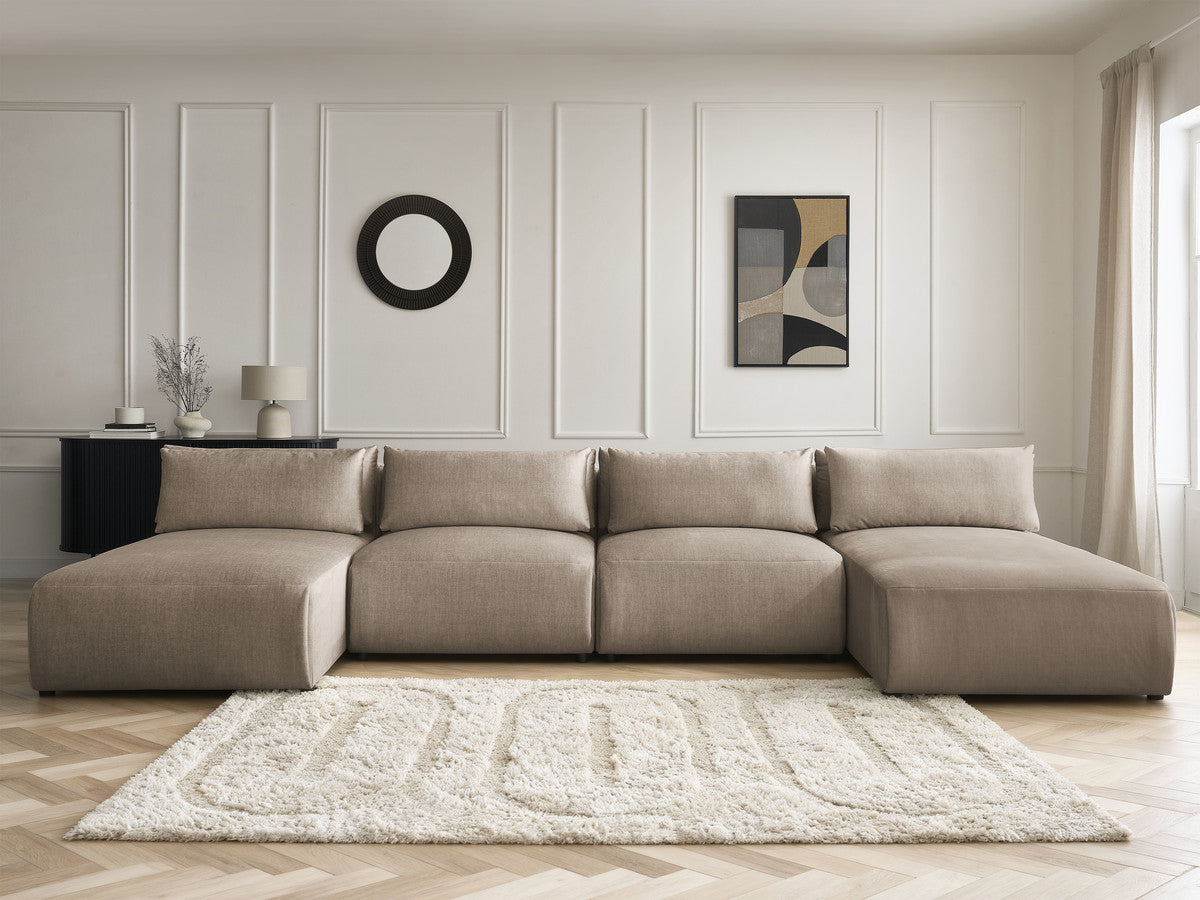 Canapé panoramique fixe modulable avec têtières JANA tissu velours avec 2 méridiennes et 2 chauffeuses